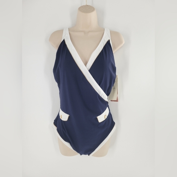 GOTTEX HIGH CLASS V-NECK SURPLICE ONE PIECE SWIMSUIT Sz 16 New - Picture 2 of 8